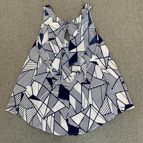 YA Los Angeles Blue White Tank Top Ruffled Sheer Blouse Open Back Sleeveless - Picture 12 of 13